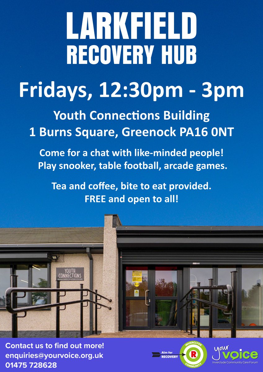 Come along to our Recovery Café at 1 Burns Square in Greenock! 😍 The café is on 12.30pm - 3pm every Friday! It is free and open to all, we hope to see you there! 🙂 yourvoice.org.uk/recovery #recovery #greenock #inverclyde #recoveryispossible