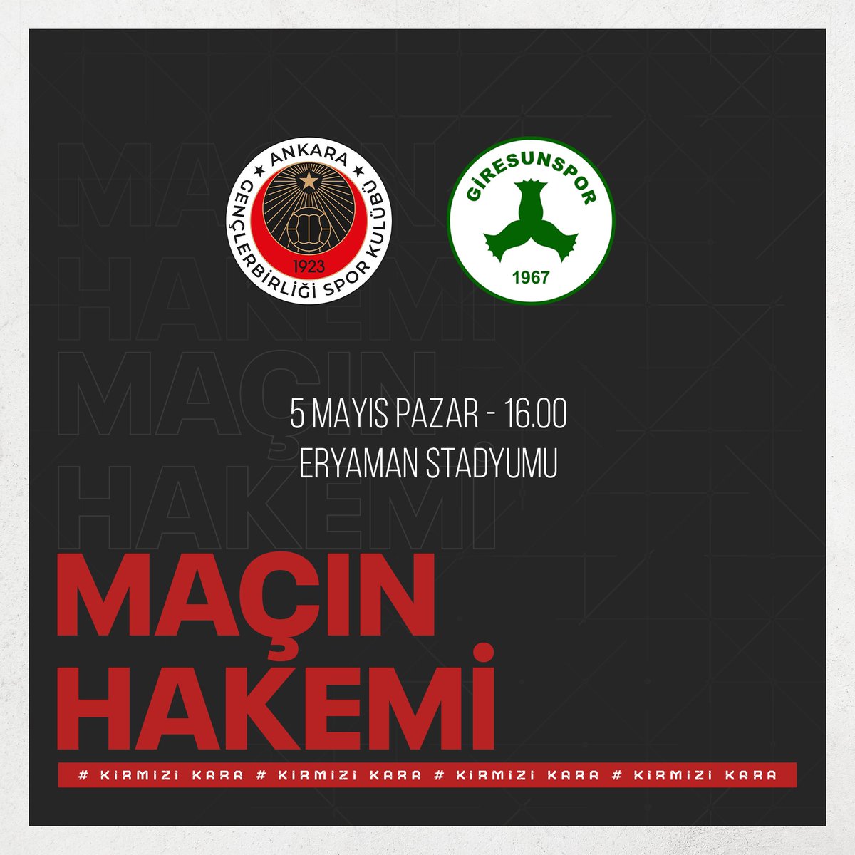 📣 Trendyol 1. Lig'in 33. haftasında Bitexen Giresunspor ile oynayacağımız maçın hakemi Ali Yılmaz olmuştur. Yılmaz'ın yardımcılığını Barış Çiçeksoyu ve Harun Reşit Güngör yaparken Yusuf Adnan Kendirciler 4. hakem olarak sahada görev alacak.