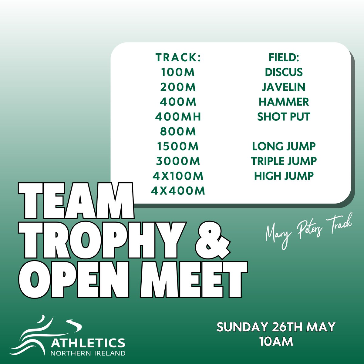 📢 Team Trophy & Open Meet Entries are open for the Team Trophy & Open Meet on Sunday 26th May. Find out more and sign up 👇 athleticsni.org/Fixtures/Team-… #TeamTrophy #TrackandField