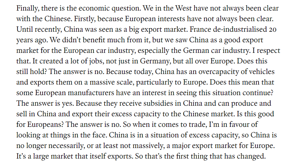 Macron laments Europe's de-industrialization in favor of offshoring to China, and kicks German carmakers which he says are acting against European/German interests for the sake of short-term profits economist.com/europe/2024/05…