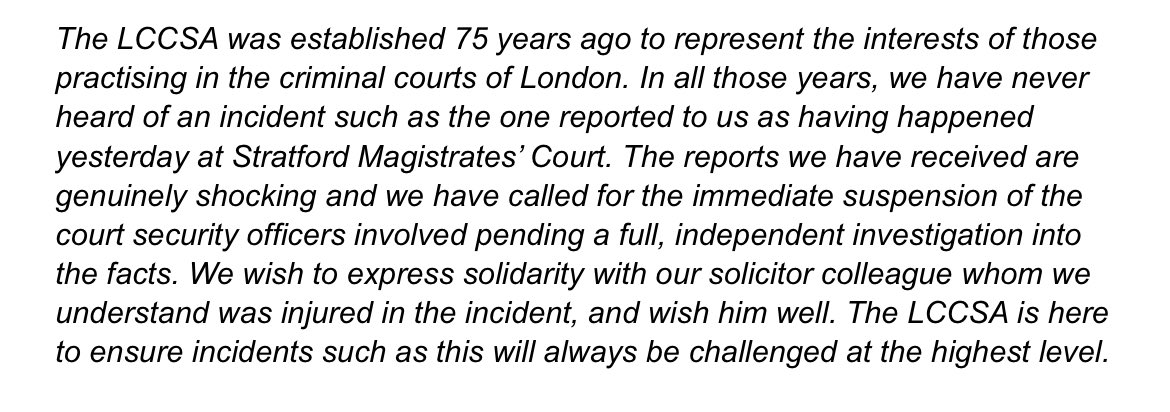Our message of solidarity regarding yesterday’s appalling incident at #Stratford Magistrates court .
