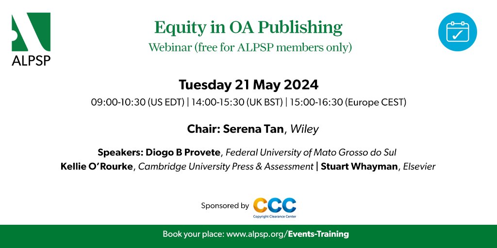 🌟 Calling all ALPSP members! Dive into the complexities of equitable open access publishing with our upcoming webinar on 21 May. Hear from industry experts from diverse perspectives. Reserve your place: ow.ly/kg7e50RmjXF @wileyinresearch @CambPressAssess @ElsevierConnect