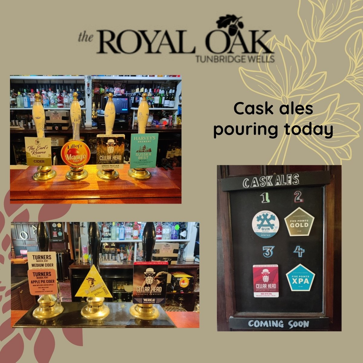 Today's cask ales now pouring and our coming soon board. OPEN from 4pm #harveysbrewery #CellarHead #gaddsbrewery #westkentcamra #twpubs #realale #realalefinder #twcaskale #twrealale #tunbridgewellspubs #❤️🌳🍺