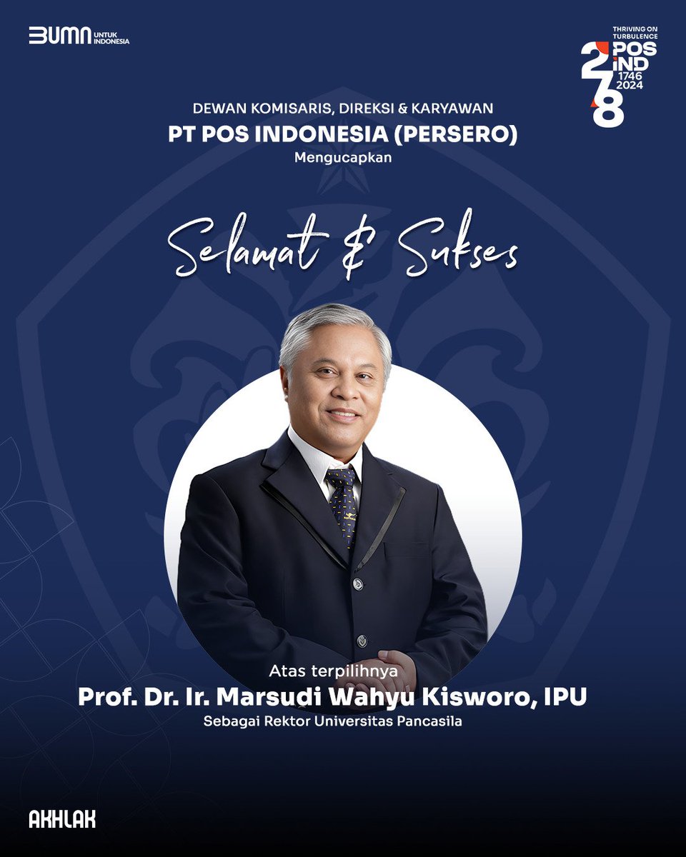 Dewan Komisaris, Direktur & Karyawan PT @PosIndonesia #PosIND #PosIndonesia ( Persero ) mengucapkan : Selamat & Sukses untuk Prof. Dr. Ir. Marsudi Wahyu Kisworo IPU. Sebagai Rektor Universitas Pancasila SELAMAT BERTUGAS DGN BAIK 🙏