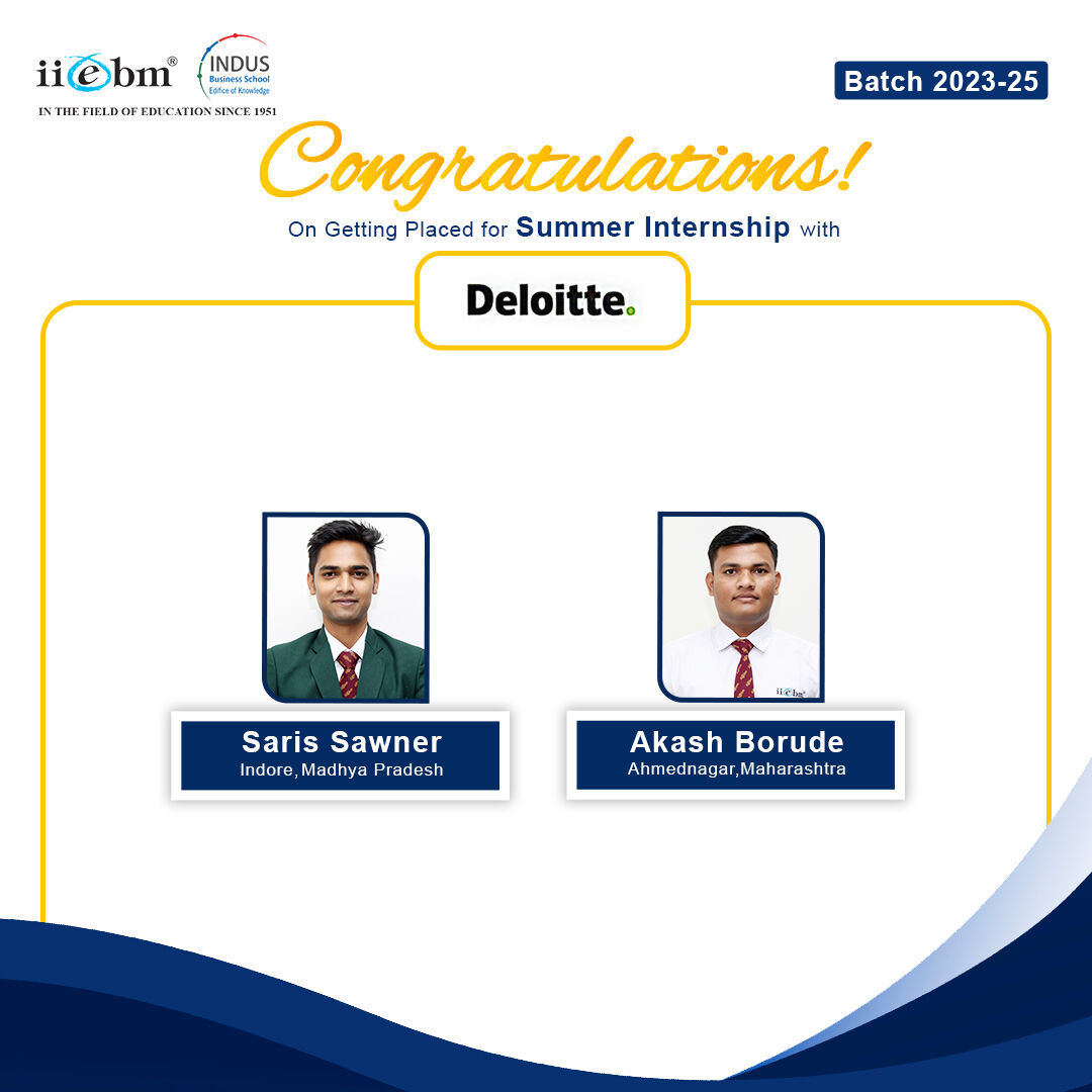 IIEBM is proud to announce that Saris and Akash of Batch 2023-2025 have been placed in Deloitte for their Summer Internship. May you achieve new milestones with your resilience, hard work, and persistence.
#SummerInternship #Internship #PGDM #WorkExperience #IIEBM #IIEBMPune