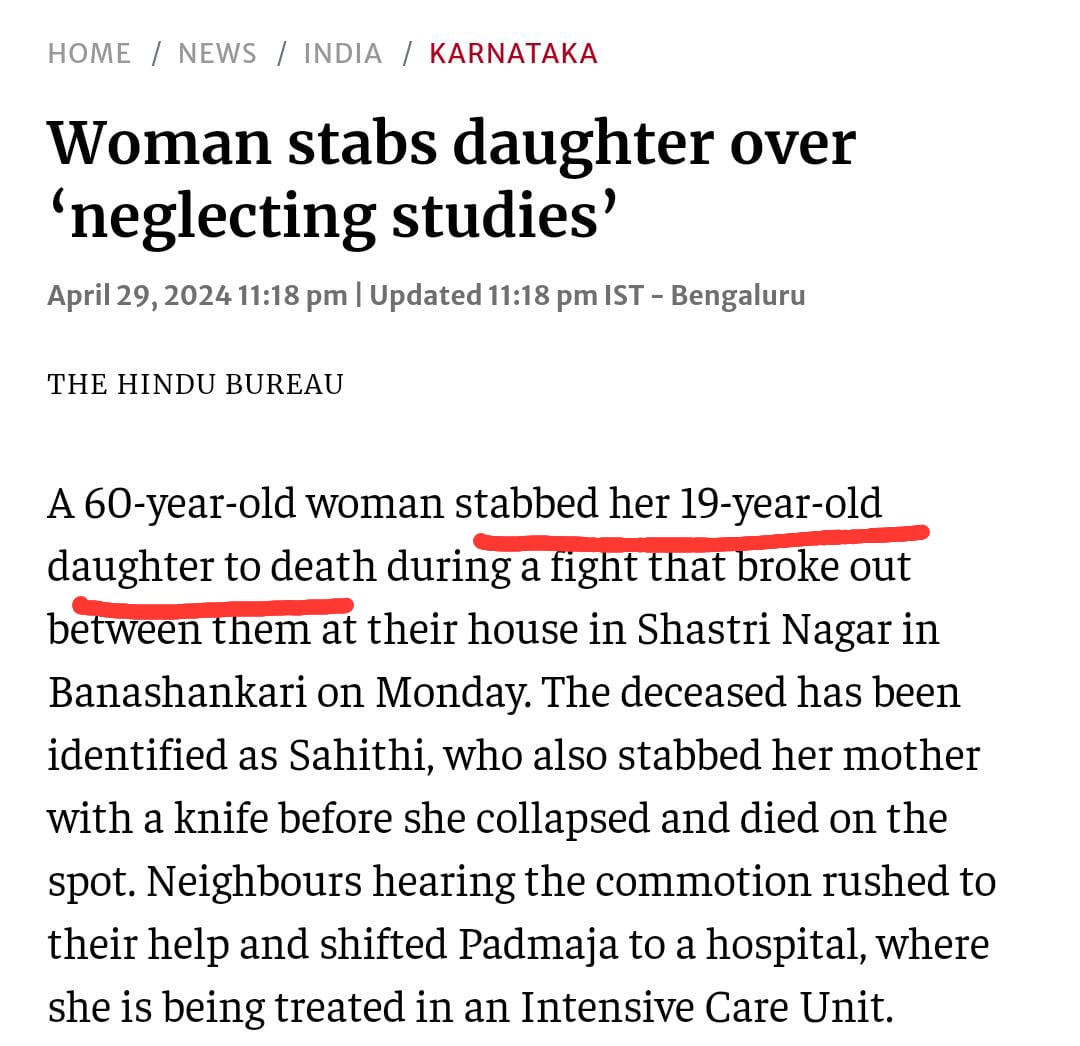 1 more case of #MothersKillingChildren 

A #SingleMother stabbed her daughter to death. But we're not gonna talk about it. I have captured around 13 cases in Apr ' 24 alone. 

Will India punish these Women just like it would punish Men under similar circumstances?