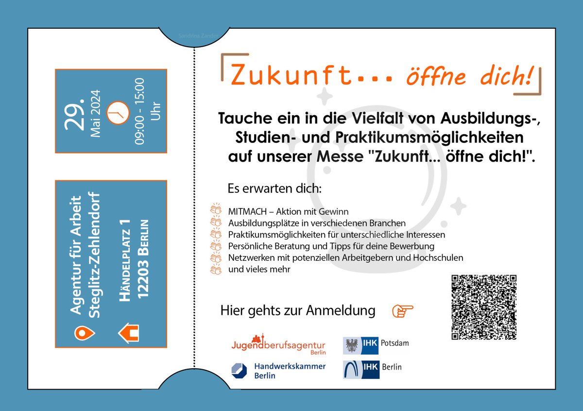 🎓Was kommt nach dem Abitur? Finden Sie es heraus bei der Messe „Zukunft…öffne Dich!“ am 29.05.2024 in Berlin. Tauchen Sie ein in die Welt der Ausbildungen, Studien- und Praktikumsmöglichkeiten! Anmeldung per E-Mail erforderlich. ℹ️berlin.de/ba-steglitz-ze… #Steglitz-#Zehlendorf
