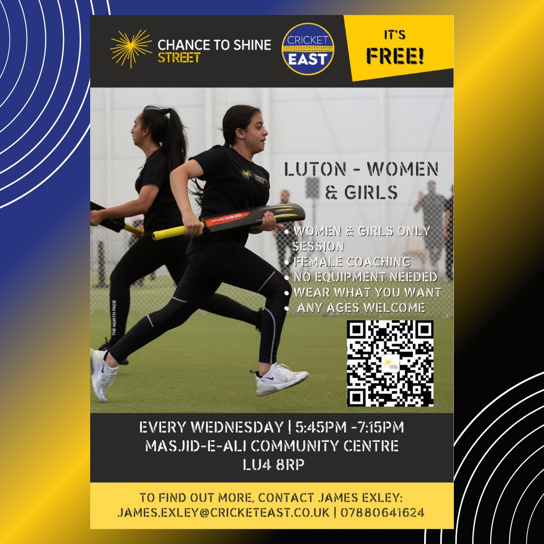 💥Women & Girls Session Luton Head down to Masjid-E-Ali Community Centre for a Women & Girls only Chance to Shine Street Session! Starts next Wednesday 08/05 🏏