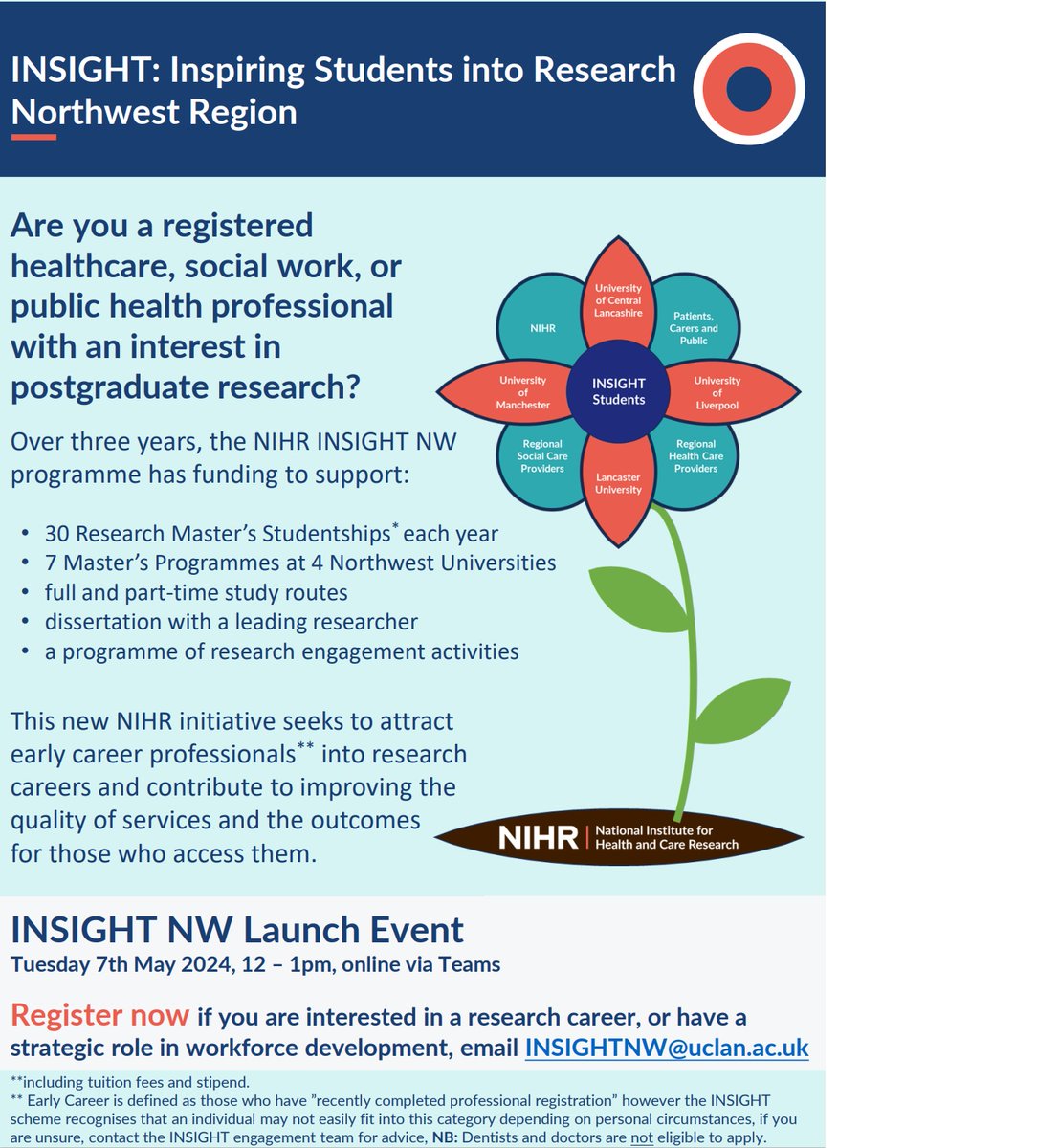Registered health/social care professional, recently qualified, interested in research in the North West? 

Why not attend the launch event INSIGHT North West, Tuesday 7th May 2024, 12-1pm. 

Funding of up to 30 funded Masters Studentships per year. Register INSIGHTNW@uclan.ac.uk