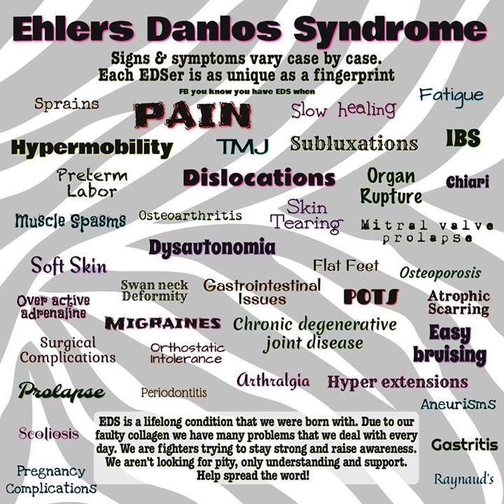 Ehlers Danlos Syndrome is a complete body experience. There is no cure.

#EDSawarenessmonth