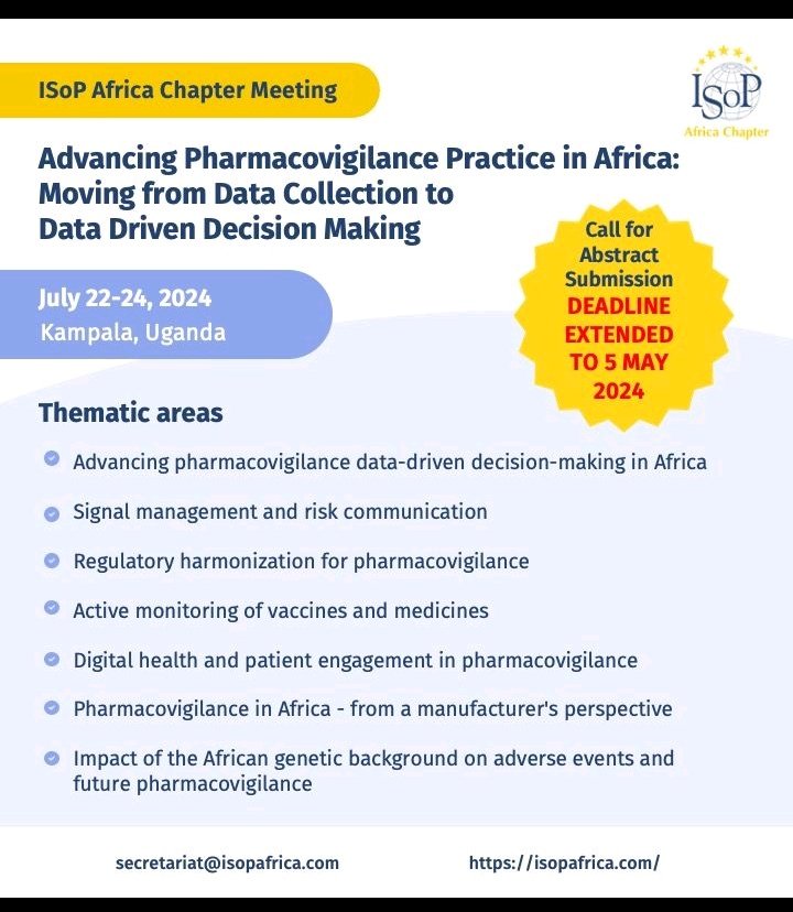 📢 Exciting update! 🚀 The abstract submission deadline for ISoP Africa Chapter Meeting has been extended to May 5th, 2024. Don't miss out on this opportunity to share your research! Join us in Kampala, Uganda. Submit your abstract here: auth.oxfordabstracts.com/?redirect=/sta… @ISoP_Africa