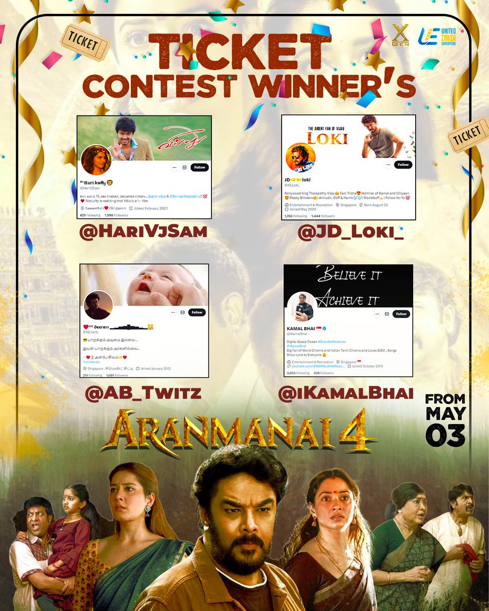 The Winners Of Contest 🔥🇸🇬 @HariVjSam @JD_Loki_ @iKamalBhai @AB_Twitz Please inbox your Numbers @MoviesSingapore thank you 😊 #Aranmanai4🏚 will keep you gripped with its chilling horror and mysteries🦇⚡ WorldWide Release On May 3rd #uiemovies Mr.@Mdanees_3 A Film by…
