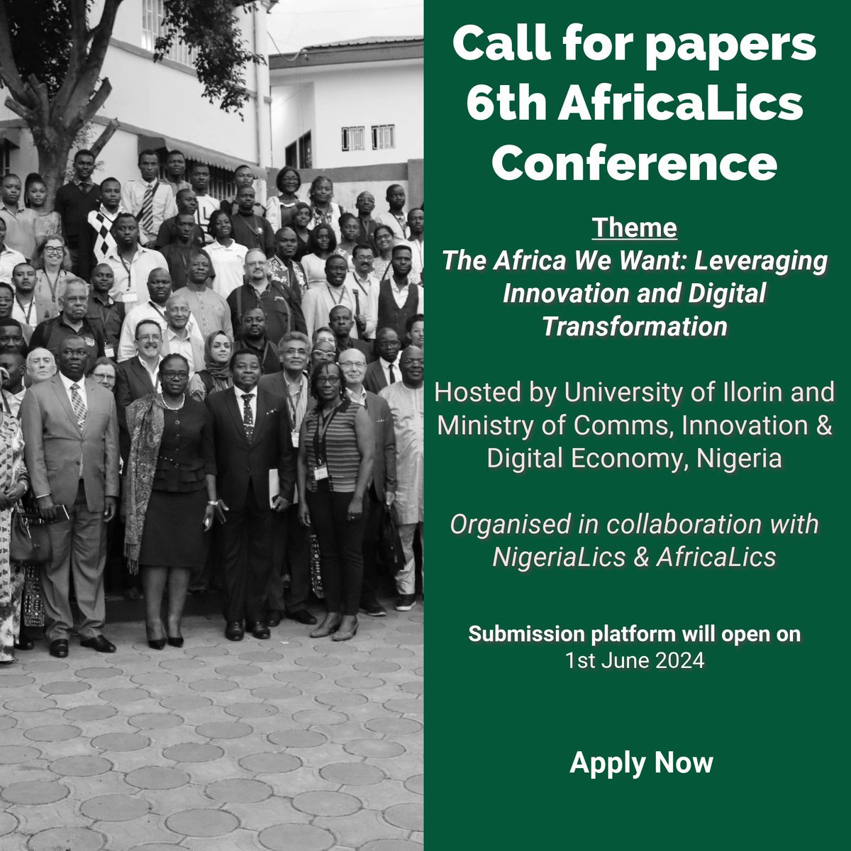 Exciting News! Call for the 6th AfricaLics Conference is now open! Theme: The Africa We Want: Leveraging Innovation and Digital Transformation. Submission platform opens June 1st, 2024 Mark your calendars! Learn More: africalics.org/event/6th-rese… #Innovation #DigitalTransformation