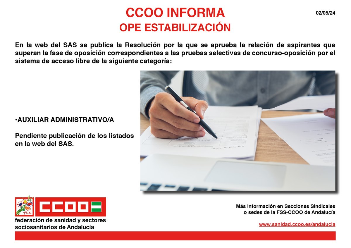 📌 CCOO Informa - OPE Estabilización 📑 Se ha aprobado publicar la relación de aspirantes que superan las fase de oposición de la categoría: ➡ Auxiliar Administrativo/a 💻 Pendiente publicación de los listados en la web del SAS #CCOOTuSolución