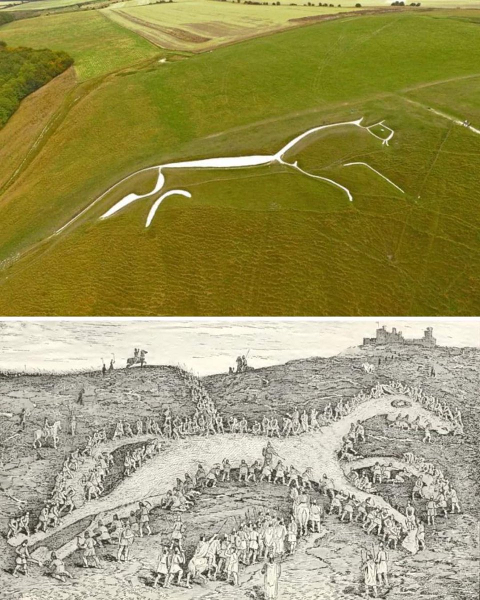 The White Horse of Uffington is a 3,000 year old prehistoric hill figure in Oxford. It was formed by the digging of deep, curved trenches into the chalk hillside and then filling the trenches with white chalk rubble