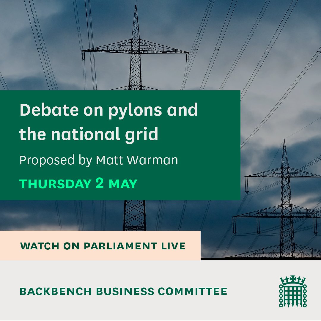 MPs are holding a debate on Pylons and upgrades to the national grid, put forward by @mattwarman. 📚Read the @commonslibrary debate pack: commonslibrary.parliament.uk/research-brief… 📺Watch on Parliament live: parliamentlive.tv/Event/Index/75…..
