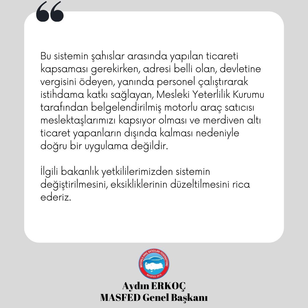 Genel Başkanımız Aydın Erkoç'un, 2020 yılında isteğe bağlı olarak çıkarılan, 1 Mayıs 2024 tarihinde ise Resmi Gazete’de yayımlanarak zorunlu hale gelen ikinci el araç satışlarında güvenli ödeme sistemine ilişkin açıklamaları... #MASFED #AydınErkoç #BOD #Otonomi