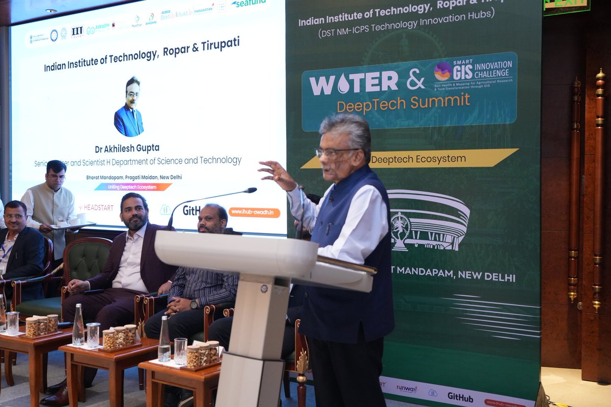 Delighted to speak at WATER & GIS DEEPTECH SUMMIT organised by @AWaDH_IITRopar and @iittniftih under @IndiaDST NM-ICPS mission. Talked about India's deep tech ecosystem, Public-Private Partnership models for R&D, Funding mechanism for Startups, etc. @karandi65 @kapoorektadst