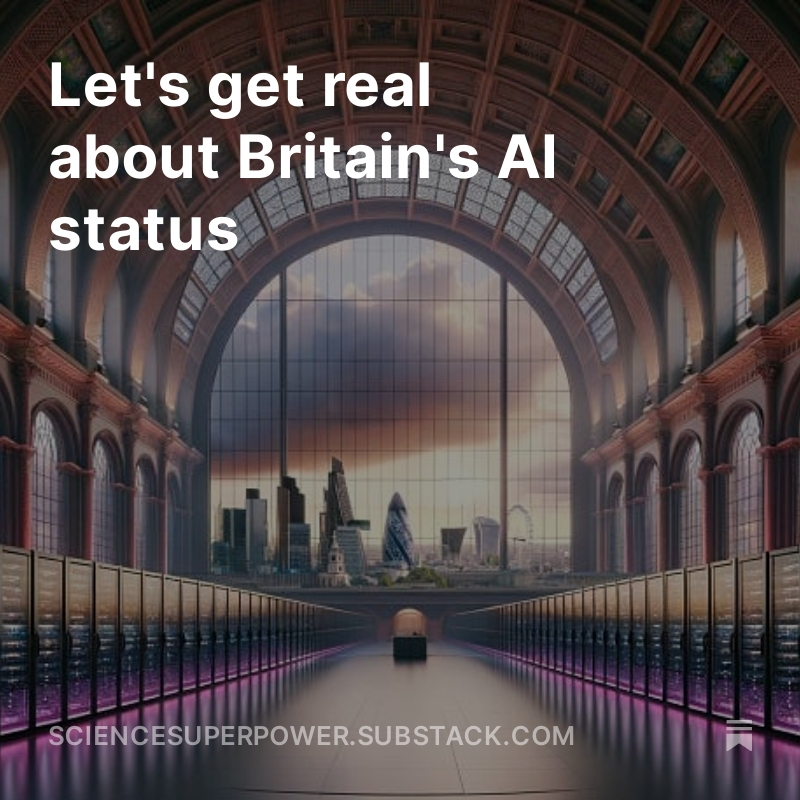 Britain is a world leader in AI. But risks losing ground. 💥 Our data pool is growing at half the speed of 🇩🇪 & 🇫🇷 💥 And UK compute has slumped from third to tenth globally. ✍️ @AllanNixon & @anastasiabekt's look at how we can keep pace: 🔗 sciencesuperpower.substack.com/p/lets-get-rea…