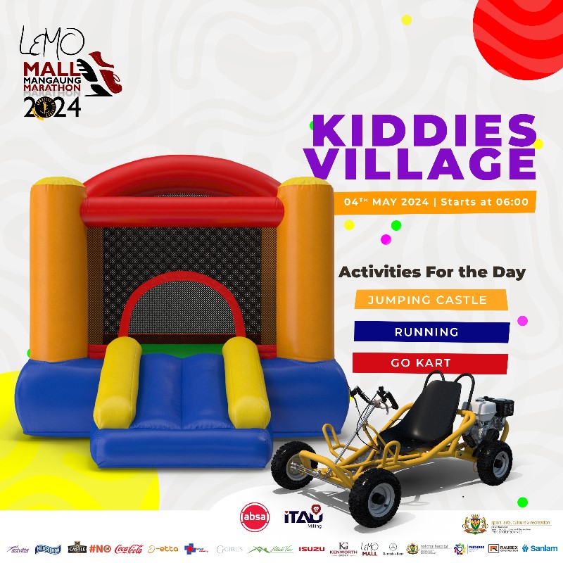 𝗙𝘂𝗻 𝗳𝗼𝗿 𝘁𝗵𝗲 𝘄𝗵𝗼𝗹𝗲 𝗳𝗮𝗺𝗶𝗹𝘆! Don't miss the Kiddies Village at the Lemo Mall Mangaung Marathon. With exciting games, activities, and entertainment, it's the perfect place for our youngest runners to have a blast while cheering on their loved ones.