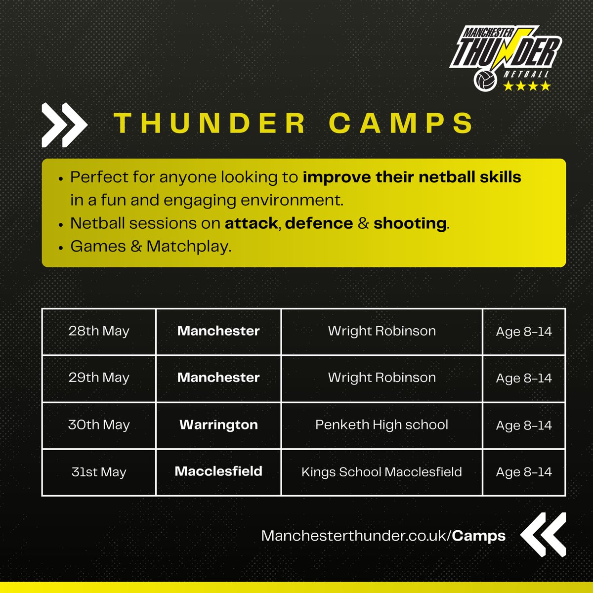 Thunder Netball Camps coming this month 🤩 Make sure to secure your spot before they sell out! ✅ Manchester ✅ Macclesfield ✅ Warrington Head to the camps section of our website or click the link for more info 🎫 manchesterthunder.co.uk/thunder-netbal…