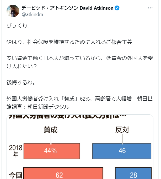 デービッド・アトキンソン『安い賃金で働く日本人が減っているから、低賃金の外国人を受け入れたい？後悔するね。』

彼と意見があったようだ。@atkindm