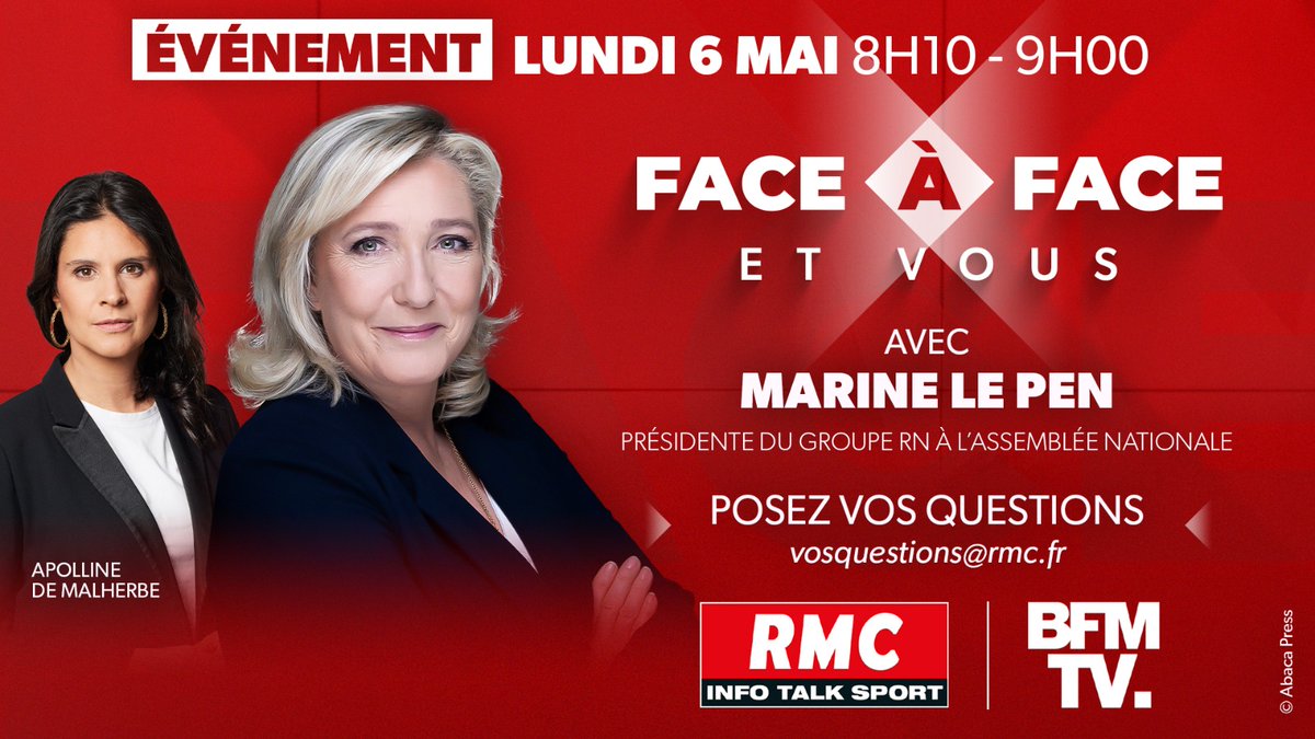 🔴 Nouveau rendez-vous sur RMC et @BFMTV : le Face à Face et vous. Des personnalités politiques répondent à vos questions et aux questions d'@apollineWakeUp 🎙️ Lundi 6 mai, pour ce premier rendez-vous, Marine Le Pen (@MLP_officiel) sera l'invitée d'@apollineWakeUp