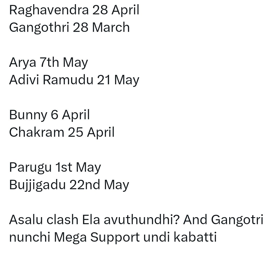 @Sidhu_SSMB Mavi kuda anni flop ey ra veetilo 
Clash only Yogi vs dm
12 th Jan - Desamuduru 
14th Jan - Yogi

1st week collections 
Yogi > desamuduru 
Madi rod talk valladi hit talk
Rest depends on talk