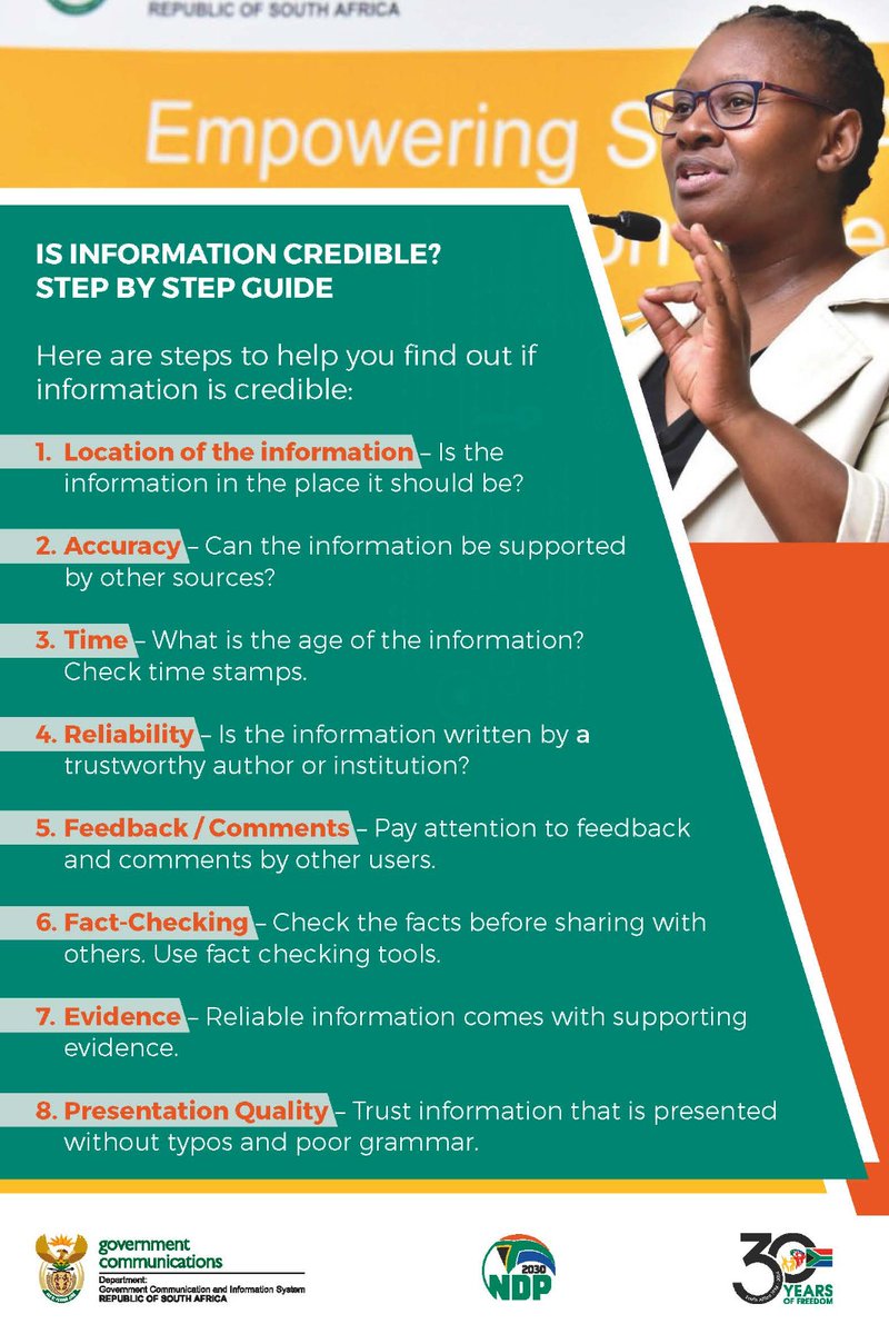 Sharing false information, rumours or threats online or in person is discouraged. Here are steps to help you find out if information is credible ⬇️#ElectionsSafety   #SAElections24