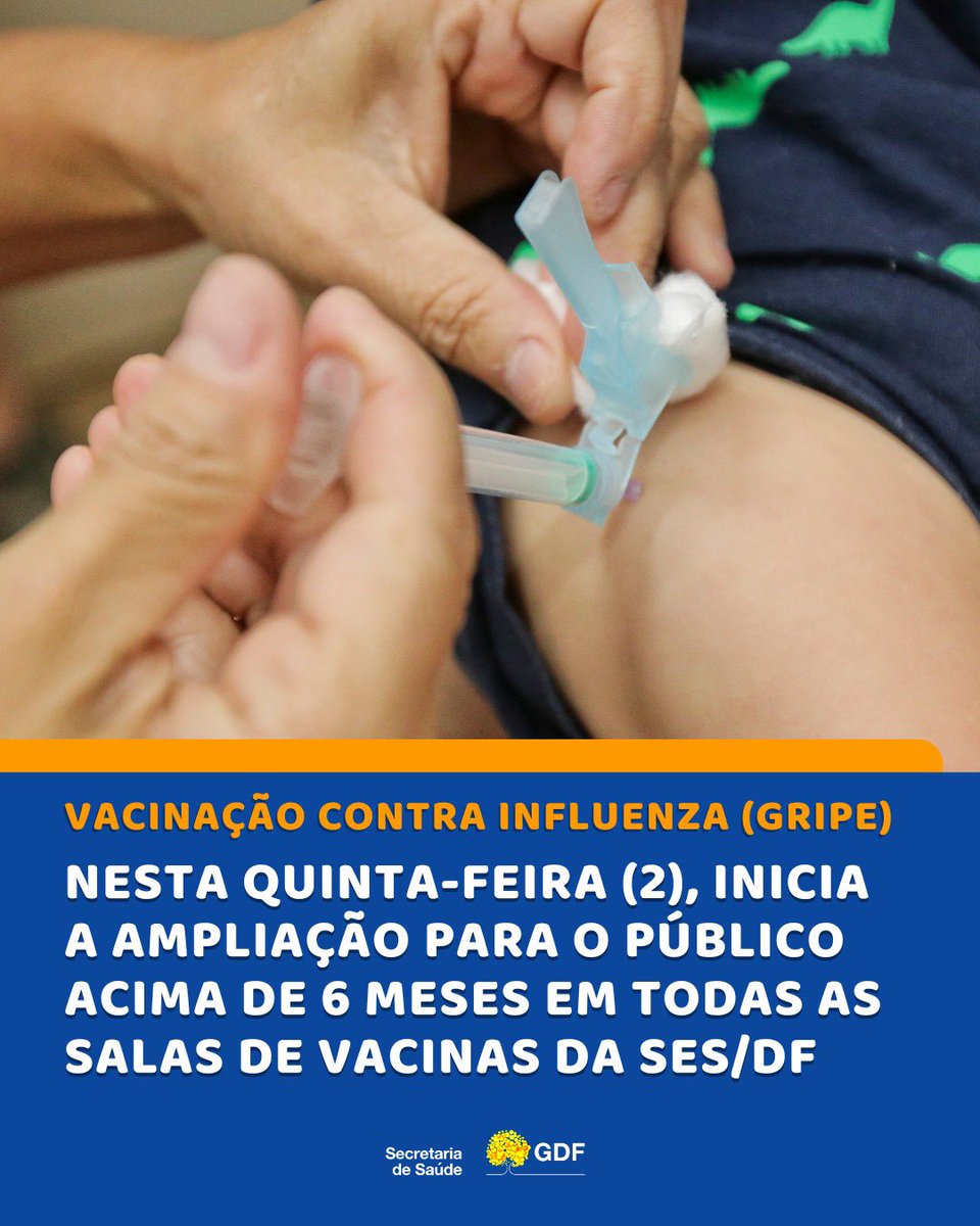 BORA VACINAR! A partir de HOJE, todas as pessoas acima de seis meses de idade podem procurar os postos para tomar a vacina contra a gripe. De acordo com a @secsaudedf, o imunizante está disponível em todas as Unidades Básicas de Saúde da cidade.