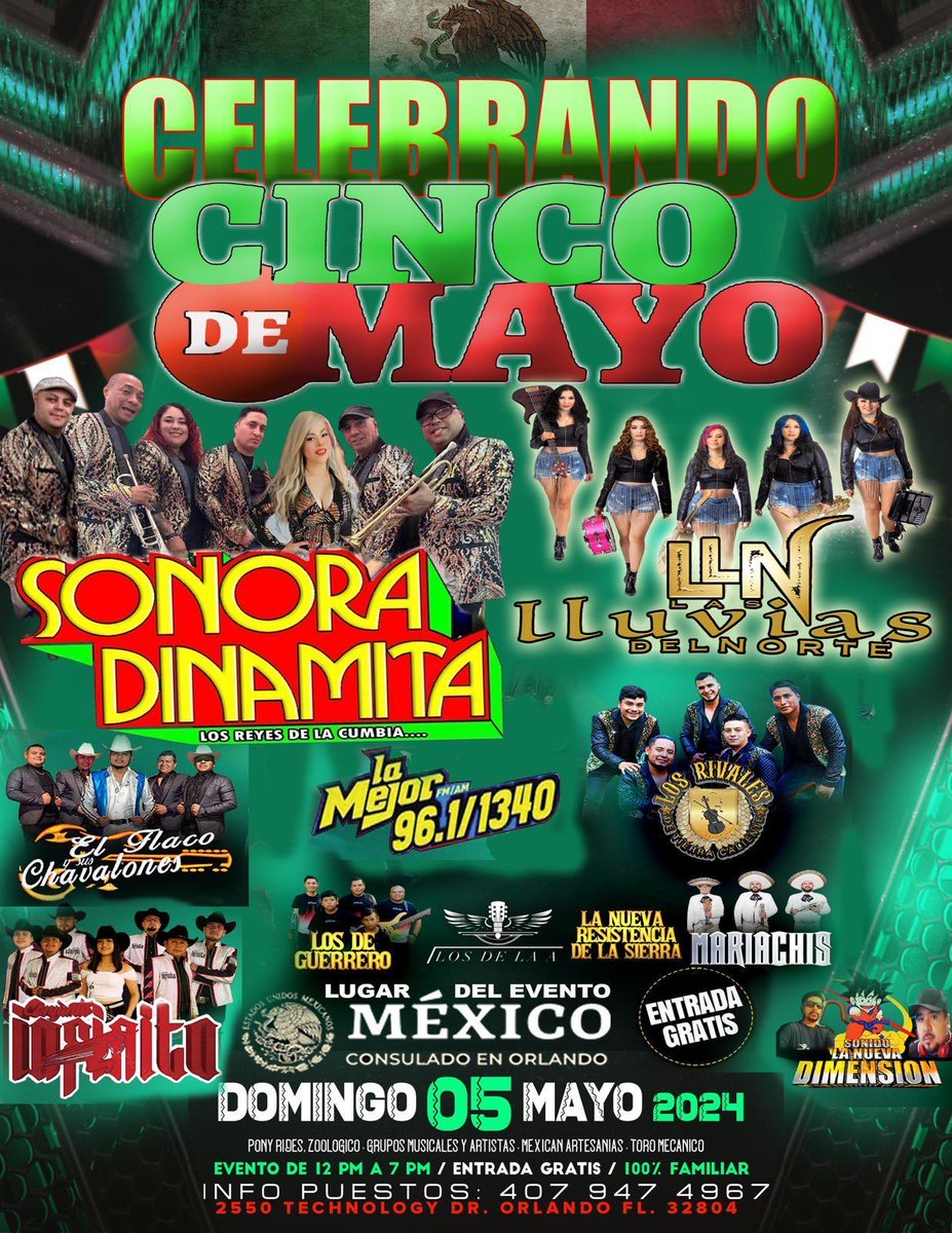 ¡Celebra el #5Mayo en el Consulado de México en Orlando! Únete a la tradicional #fiestamexicana llena de música, baile, comida tradicional y diversión familiar. Además hay Jornada Dominical para pasaportes. 5 de Mayo 12:00pm.
¡Les esperamos!
#ConsuladoDePuertasAbiertas