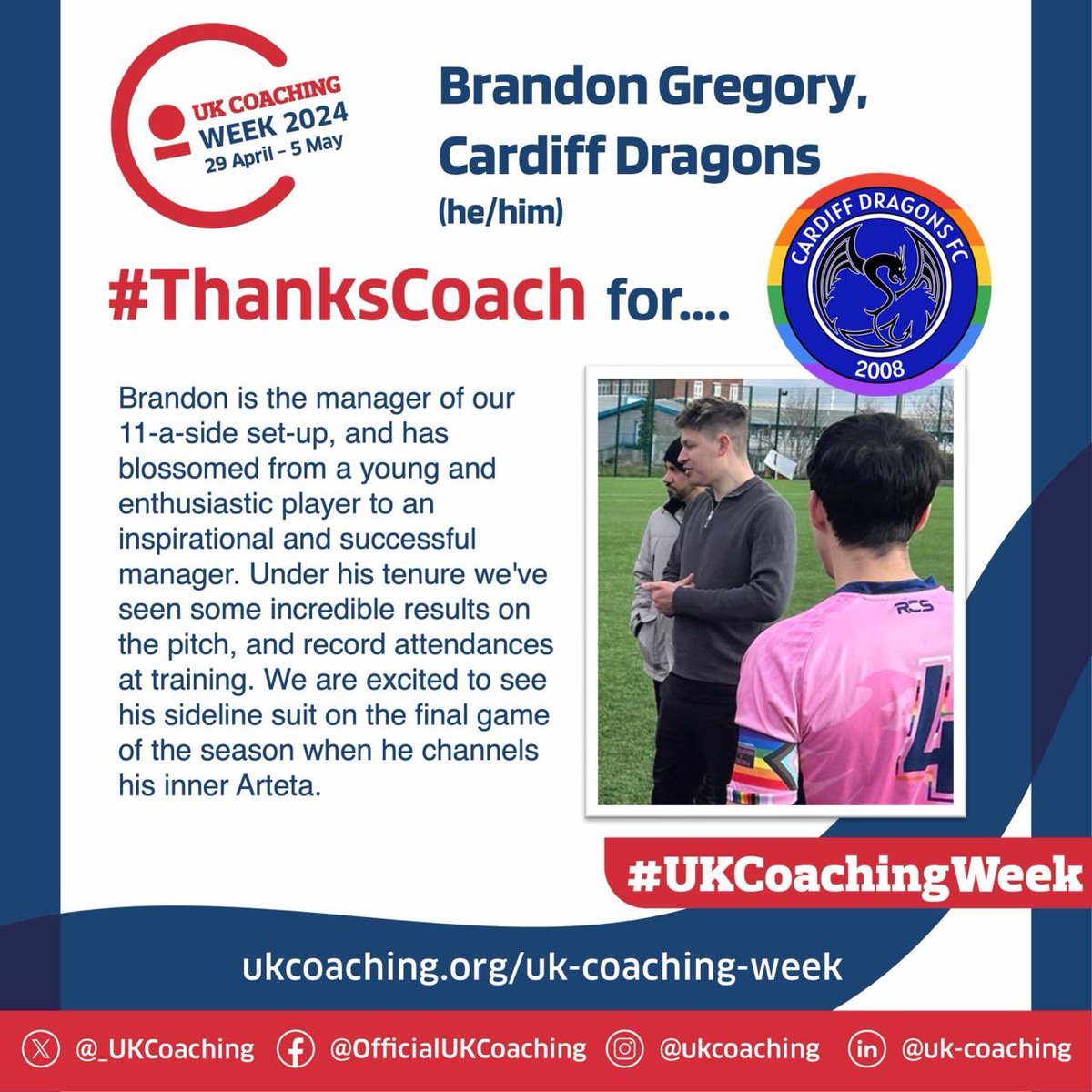 It’s #UKCoachingWeek and we’re celebrating some of the fantastic coaches who support LGBTQ+ community sport in England & Wales Next up is Brandon Gregory from @cardiffdragons 🙌🏻🏳️‍🌈🏳️‍⚧️ #ThanksCoach