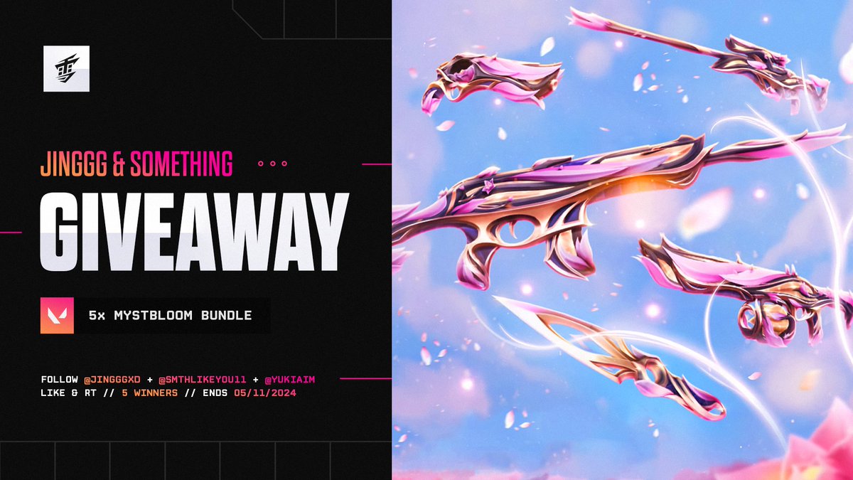 🌸 Jinggg x Something Giveaway 🌸  

✦ 5x Mystbloom Bundle ✦    

To enter:  
1⃣ Follow @Jingggxd + @smthlikeyou11 + @YukiAim ✦ 
2⃣ Like + RT this tweet ✧    

🏆 5 Winners ✦  
📅 Ends May 11, 2024 ✧