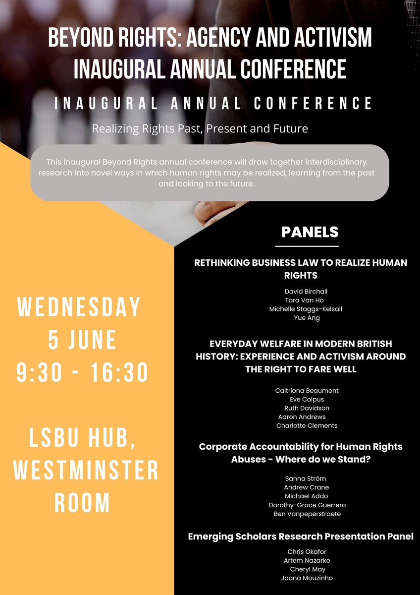 I've organized a conference! Come check it out Wednesday 5 June at LSBU, London. Featuring fab names inc. @caitbeaumont @TaraVanHo @ethicscrane @MSKelsall @sannastrom and many more - please sign up here and tell your friends! @LSBU_LSS @lsbu_law eventbrite.co.uk/e/beyond-right…