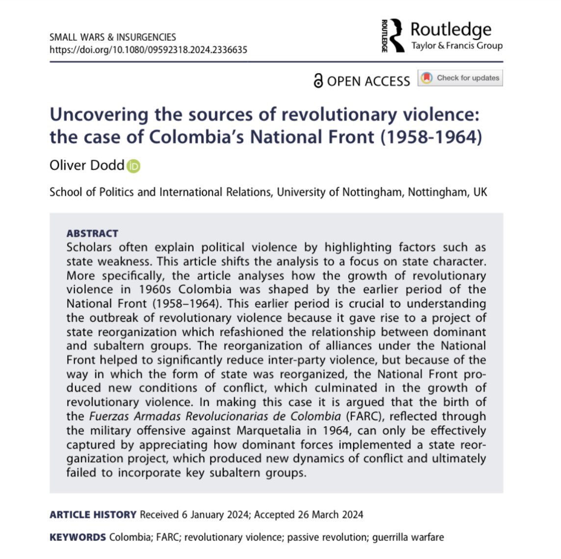 New article out analysing the counter-insurgency project of Colombia’s National Front (1958-1964) and the role it played in producing dynamics of revolutionary violence 👇 tandfonline.com/doi/full/10.10…