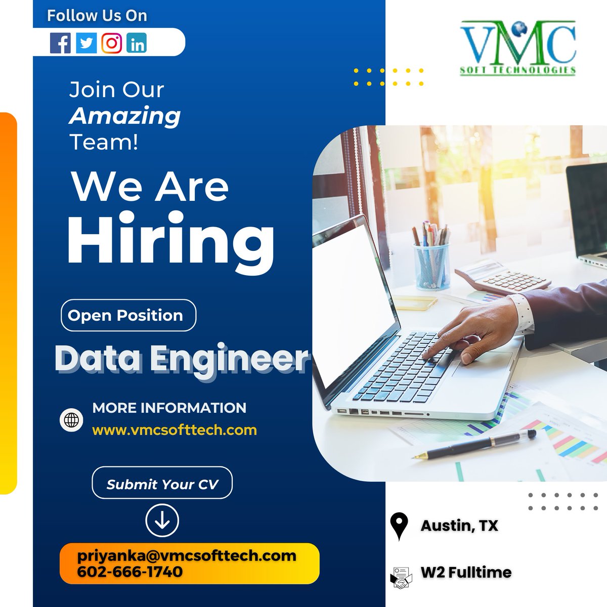 VMC Soft Technologies looking for a Data Engineer in Austin,TX

Job Title: Data Engineer
Locations: Austin , TX
Contract: W2 Full-Time

For more details: priyanka@vmcsofttech.com/ 602-666-1740

#dataengineering #datascience #bigdata #machinelearning #artificialintelligence