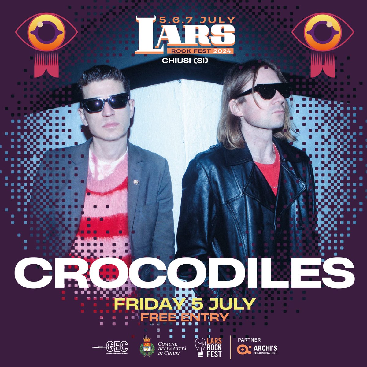📅 Venerdì 5 Luglio - FREE ENTRY

 <a href="/killcrocodiles/">Crocodiles</a>

I Crocodiles, Charles Rowell e Brandon Welchez, si conoscono da adolescenti a San Diego.
Inni punk-pop , garage-rock mutante, fuzz-pop contagioso e persino death-rock hardcore. 

linktr.ee/larsrockfest