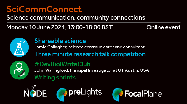 📢Want to work on your #SciComm skills and connect with fellow biologists around the world? Register for #SciCommConnect! 📅Mon 10 Jun 🎙️Shareable Science @JamieBGall & 3-min research talk competition ✍️#DevBiolWriteClub @jbwallingford & writing sprints thenode.biologists.com/register-to-at…