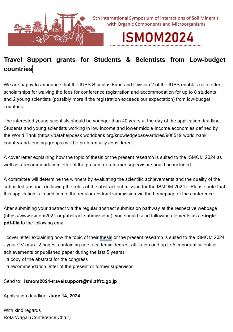 Very happy to announce 'Travel support grants for students and scientists from low-budget countries'! IUSS Stimulus Fund and a bunch of abstract to make this happen!! Application deadline: June 14. For application details, please check below file.