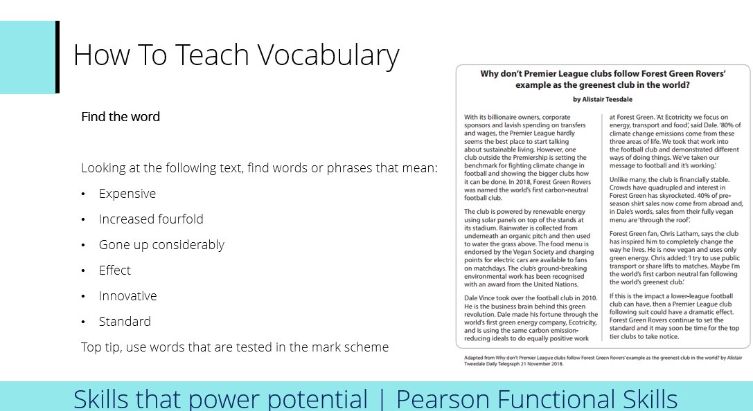 I will be talking about teaching vocabulary this afternoon, so here's a slide with an idea for teaching vocabulary.
#Pearson
#EnglishFE
#Apprenticeships
#FunctionalSkills