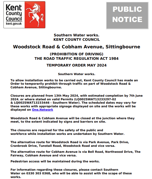 Sittingbourne, Woodstock Road & Cobham Avenue. Roads closed from 13th May to 7th June for @SouthernWater works: moorl.uk/?az57o8