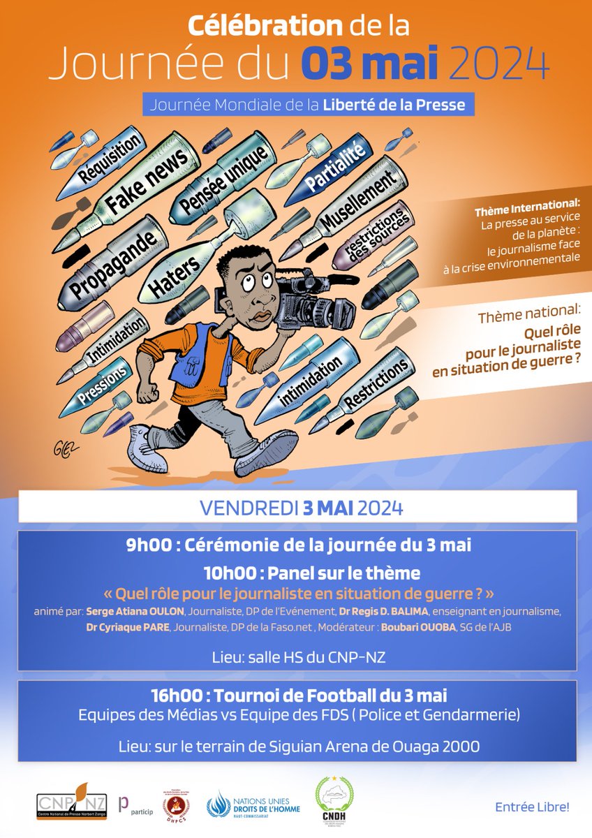 #Burkina 🇧🇫 Vous êtes toutes et tous invités demain à la Salle Henri Sebgo du Centre National de Presse Norbert Zongo. Panel à 10h sur le thème ' Quel rôle pour le journaliste en situation de guerre ? '. #Lwili #TL226 

#DIT