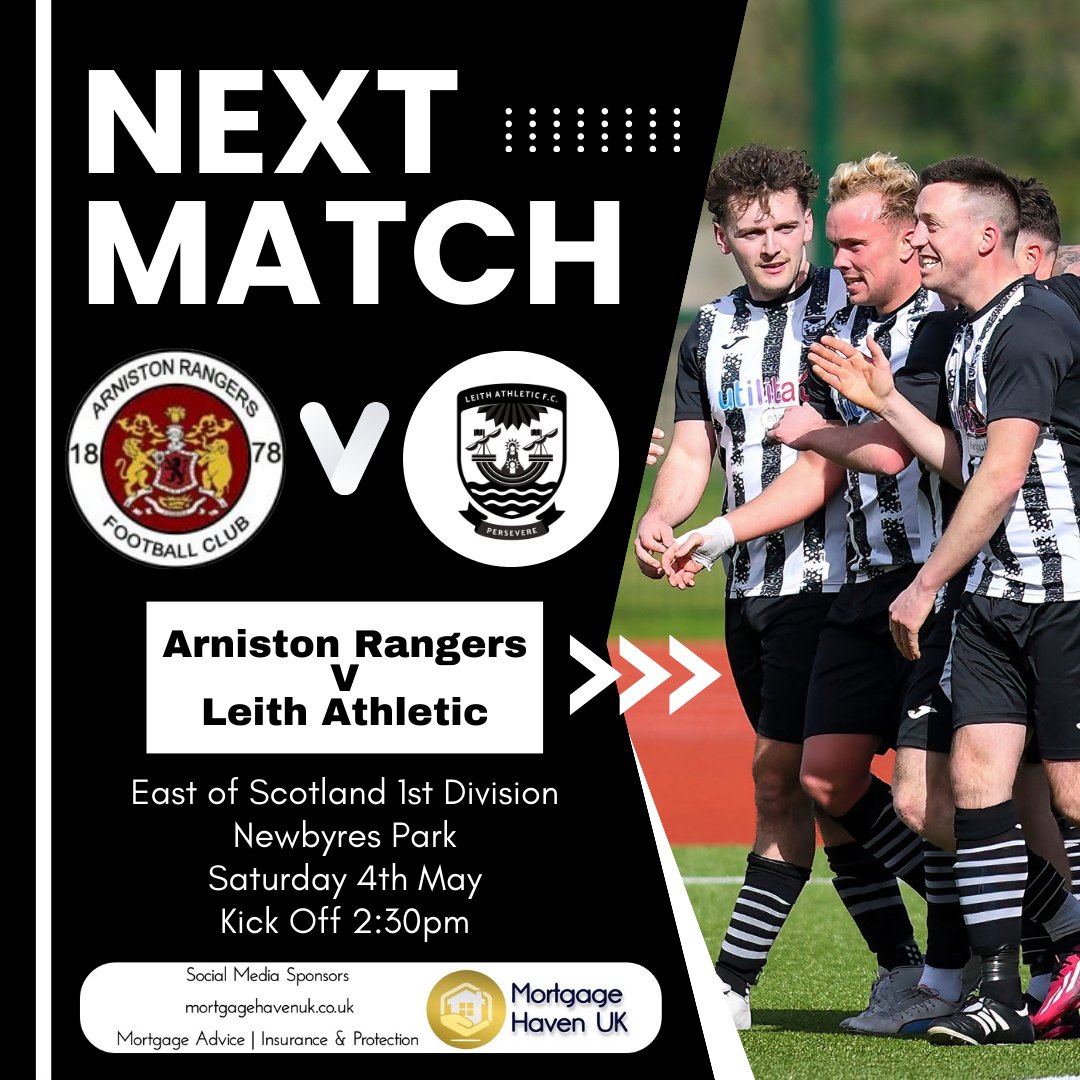 ⏭️ THIS SATURDAY   

We travel to Gorebridge this weekend to face Arniston Rangers in the East of Scotland 1st Division as we look to follow up Tuesday night's 6-0 win over Lochore Welfare with another positive result.    

Come along and support the team ⚫⚪️