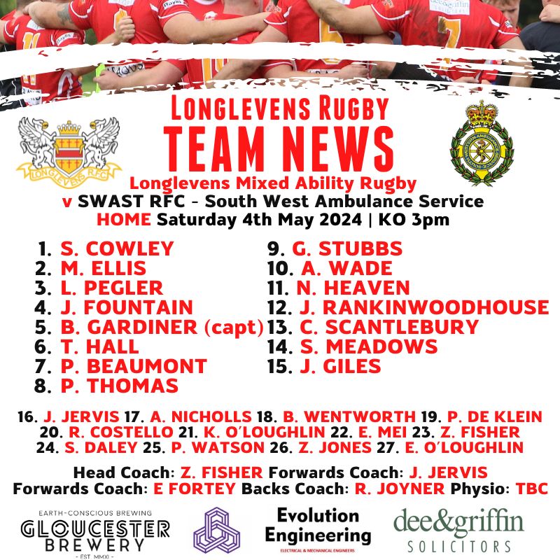 🏉 TEAM NEWS 🏉 Longlevens Mixed Ability Rugby host SWAST RFC this Saturday at Longford Lane, kick off 3pm. 💪 #UpTheGriffins