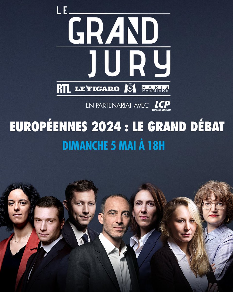 En tant que chaîne citoyenne, @LCP s'associe au Grand débat du #GrandJury (@RTLFrance @LeFigaroTV @M6 @ParisPremiere) entre les principales têtes de listes aux #Européennes2024. 🇪🇺Rendez-vous dimanche à 18h sur LCP avec @Myriamencaoua
