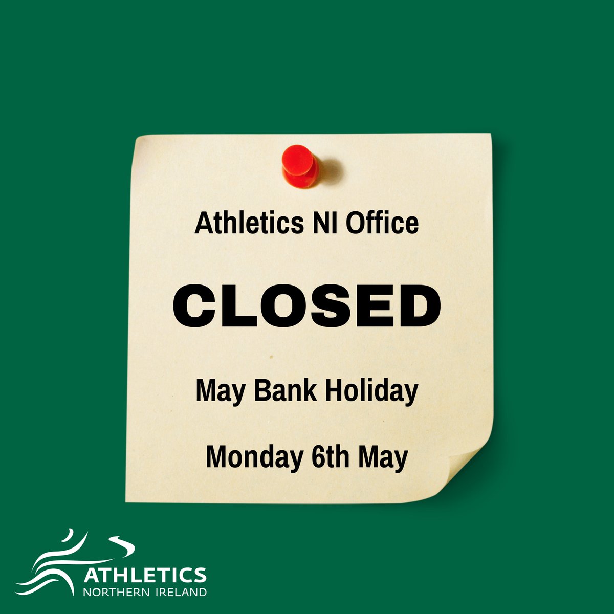 📅 Athletics NI Office Closed for May Bank Holiday The ANI Office will be closed for the May Bank Holiday this Monday (6th May). Enjoy and stay safe 😊