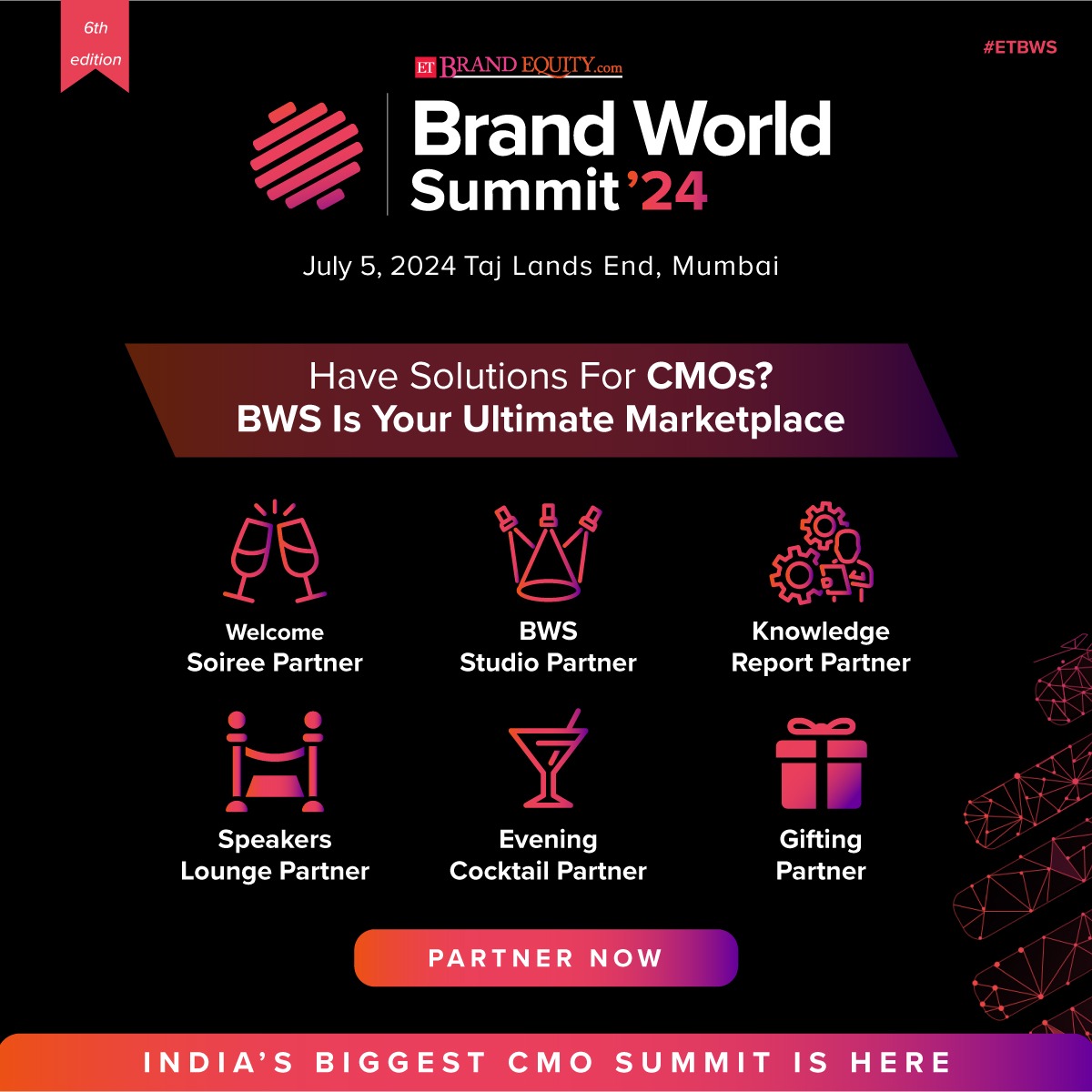 Ready to elevate your brand to new heights? Become a partner today and unlock unparalleled opportunities for growth and collaboration. Don't miss out – seize your chance to shape the future of marketing! Partner Now: bit.ly/4aynuUL #ETBWS #BusinessWorldSummit