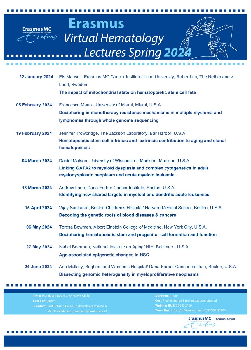 Erasmus Hematology Lecture, May 6th, 16.00 CET! Speaker: Teresa Bowman, Albert Einstein College of Medicine Title: Deciphering hematopoietic stem and progenitor cell formation and function Link: us06web.zoom.us/j/83009472100 Spread the news!