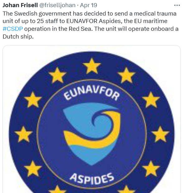 @EUNAVFORASPIDES @EUdefence @Bw_Einsatz @bundeswehrInfo @HLundquist @GerAmbDjibouti @Forsvarsmakten Has the Swedish medical team arrived?
Where are they?               #svpol #RedSea