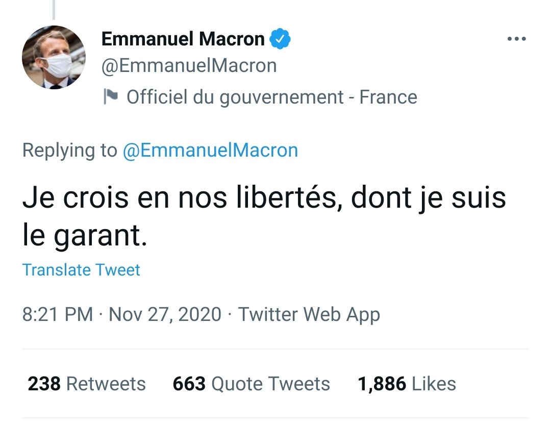 'je crois en nos libertés dont je suis le garant' - Macron en 2020... Qu'est ce que ça donnerait s'il n'y croyait pas...